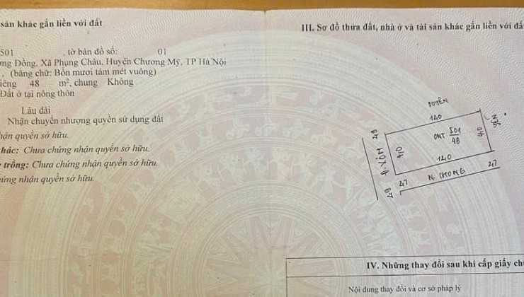 Chính chủ gửi bán gấp mảnh đất 48m2, 2.x tỷ (x nhỏ xíu),  mt 4m, lô góc, ngõ THÔNG, ô tô tại Phượng Đồng - Phụng Châu Chương Mỹ Hà Nội.