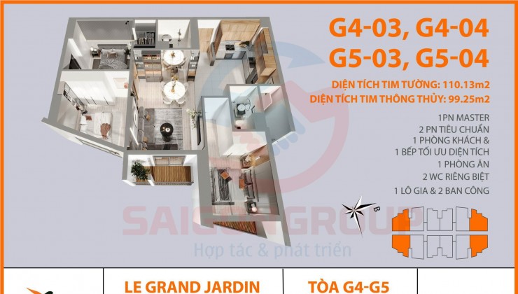 Bán căn hộ 99m2 tòa G4, G5 bc hướng ĐN le grand jardin sài đồng, long biên