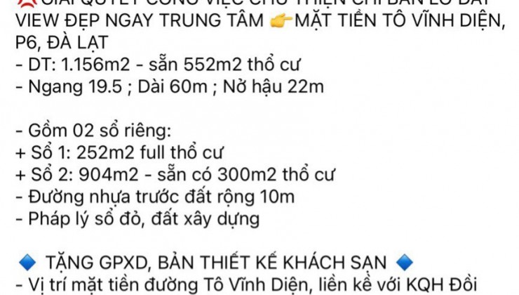 Chính chủ gởi Bán lô đất mặt tiền Tô Vĩnh Diện , P6 TP Đà Lạt