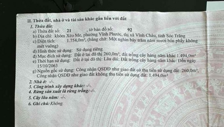 ~~ CHÍNH CHỦ CẦN RA GẤP LÔ ĐẤT CỰC ĐẸP NGAY CHỢ VĨNH PHƯỚC - SÓC TRĂNG