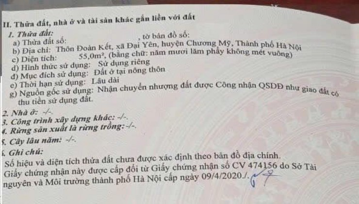 chính chủ cần bán  55m2, chỉ 1.x tỷ, tại đại yên chương mỹ hà nội, 2 mặt ngõ thông,ô tô