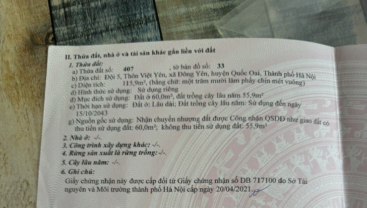 Bán lô đất đẹp vuông vắn Đ/C: Đông Yên - Quốc Oai - Hà Nội