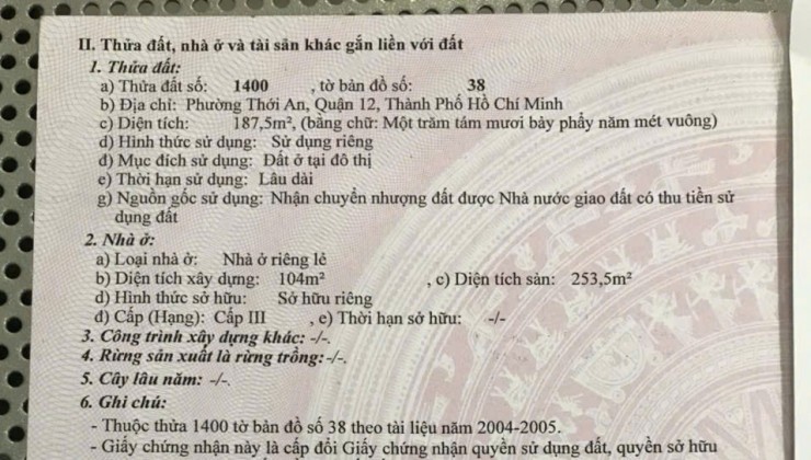 BÁN BIỆT THỰ SÂN VƯỜN 1527M2, MẶT TIỀN NHỰA 12M TÔ KÝ GIÁ NHỈNH 50T