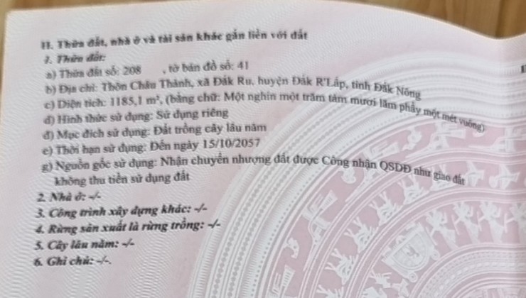 Cần bán nhanh lô đất thôn Châu Thành , Xã Đắk Rũ, Huyện Đắk RLấp, Tỉnh Đắk Nông.