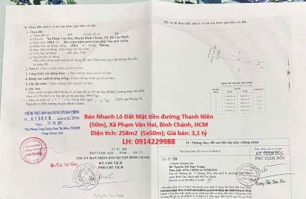 Bán Nhanh Lô Đất Mặt tiền đường Thanh Niên (50m), Xã Phạm Văn Hai, Bình Chánh, HCM