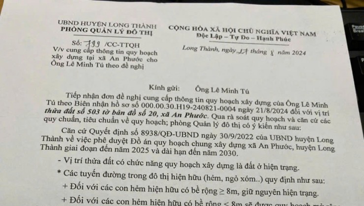 CẦN TIỀN, BÁN GẤP LÔ ĐẤT VỊ TRÍ 2MT CỰC ĐẸP TẠI LONG THÀNH. 81M2 SHR 950TR. LH:0979589032.