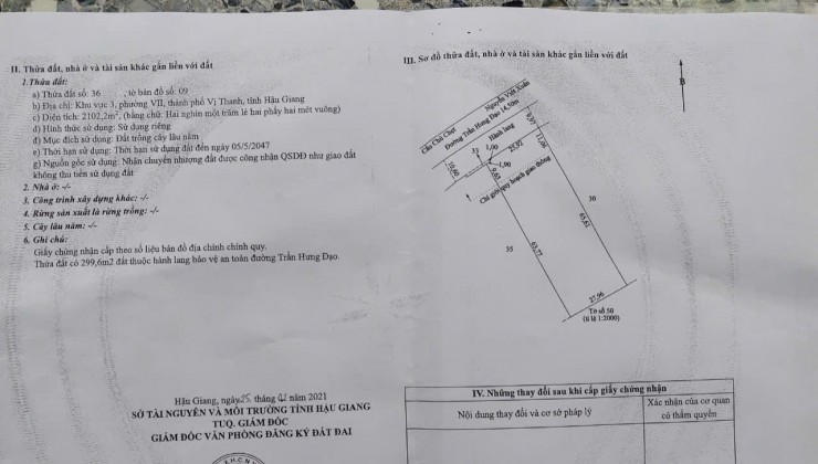 Bán Đất 2102m2 Khu  Vực 3,Phường 7,Vị Thanh,Hậu Giang Đường Trần Hưng Đạo,Gia 73,5 tỷ