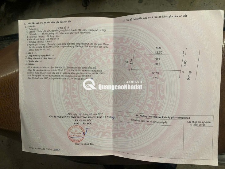 CC bán Đất Tổ 9 TT Quang Minh,full TC 50m,mt4m,giá đầu tư