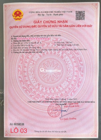 CHÍNH CHỦ CẦN BÁN  ĐẤT P.NINH GIANG - TỈNH KHÁNH HÒA