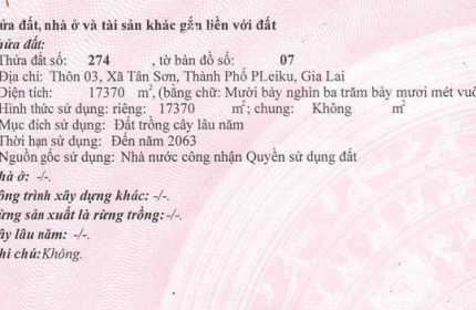 CẦN BÁN GẤP LÔ ĐẤT RỘNG 17.370M² – MẶT TIỀN ĐƯỜNG NHỰA 8M – TP. PLEIKU, GIA LAI