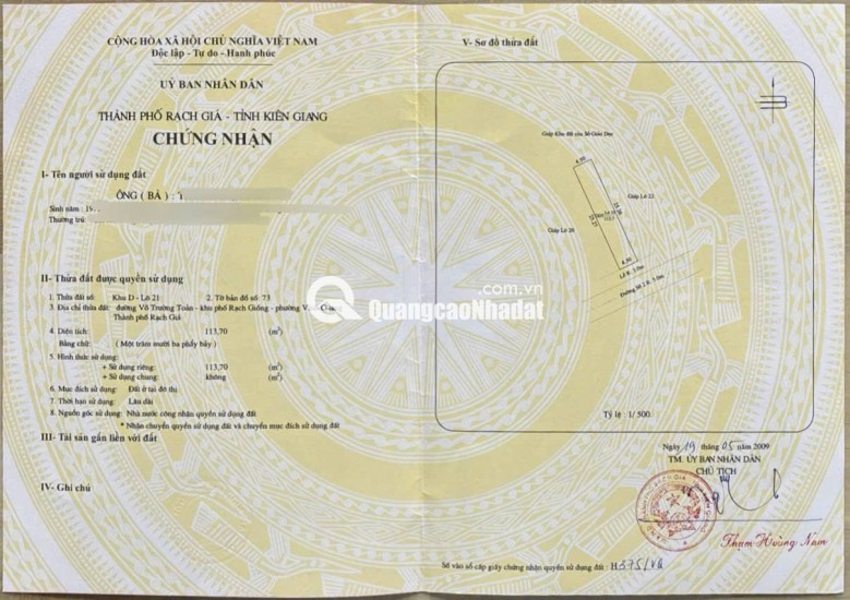 Bán đất khu giáo viên trường Hướng Nghiệp - đường Võ Trường Toản (P Vĩnh Quang cũ, P Rạch Giá, An Giang)