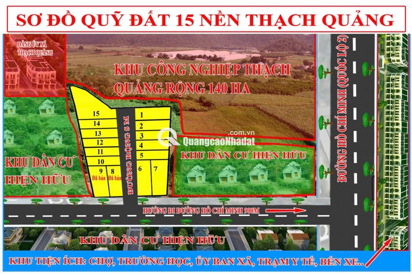 Bán nhanh mảnh đất vị trí đắc địa ngay đường mòn Hồ Chí Minh, sát khu công nghiệpTthạch Quảng diện tích 412m2 595 triệu hiện đã phân thành 3 lô