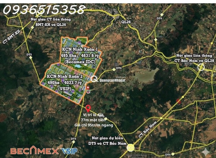 Đất nền giá tốt 77m ngang, cách ngã tư DT5-DT8 100m, đường dt5 quy hoạch 42m – đón sóng KCN Becamex Ninh Xuân
