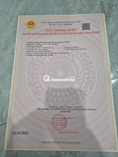 Bán đất diên an, diên khánh, 98,9m2, giá dưới 2 tỷ, đường ô tô, tây trứ trạch