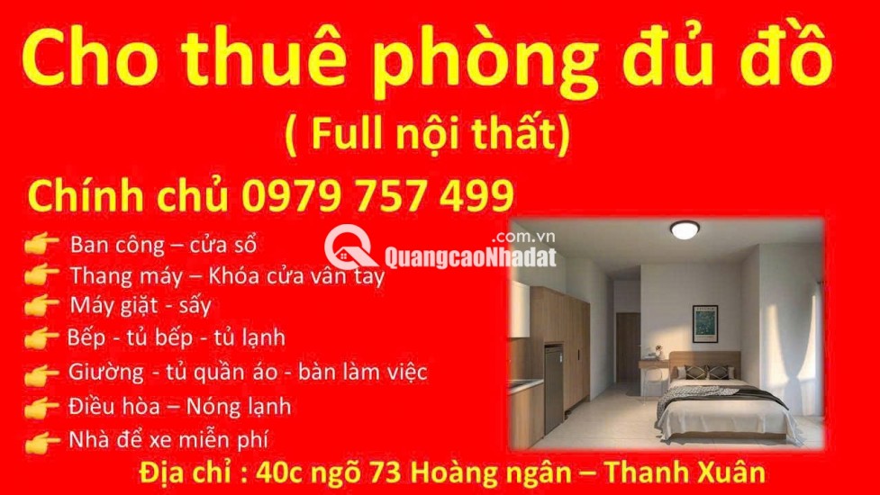 CHO THUÊ PHÒNG FULL NỘI THẤT – NGÕ 73 HOÀNG NGÂN, THANH XUÂN – PHÒNG MỚI 100%