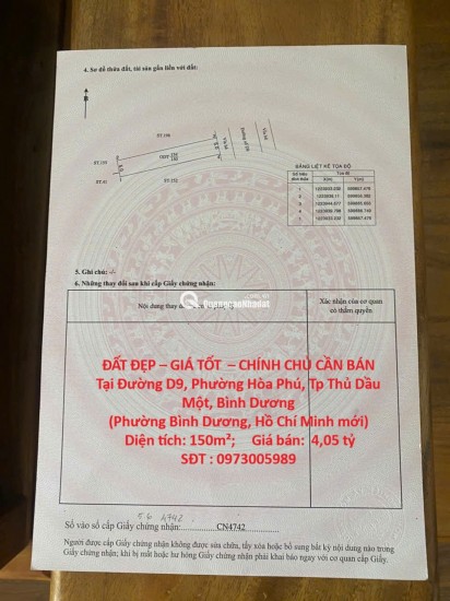 ĐẤT ĐẸP – GIÁ TỐT  – CHÍNH CHỦ CẦN BÁN Tại Đường D9, Phường Hòa Phú, Tp Thủ Dầu Một, Bình Dương