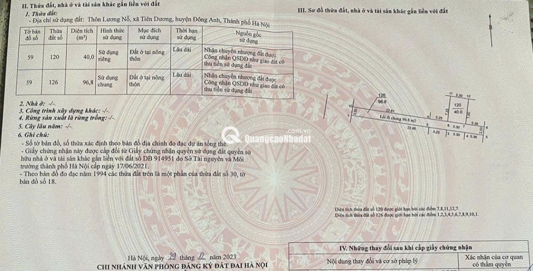 Chính chủ cần bán mảnh đất đẹp tại Lương Nỗ, xã Phúc Thịnh (xã Tiên Dương cũ), huyện Đông Anh, Hà Nội.