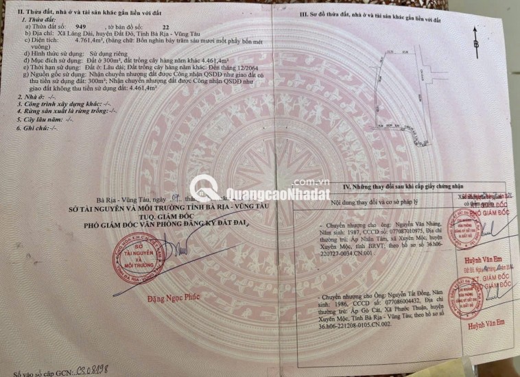 BÁN 4761m2 ĐẤT XÃ LÁNG DÀI, NGAY CHỢ LÁNG DÀI, HUYỆN ĐẤT ĐỎ BÀ RỊA (NAY LÀ XÃ ĐẤT ĐỎ - HCM)