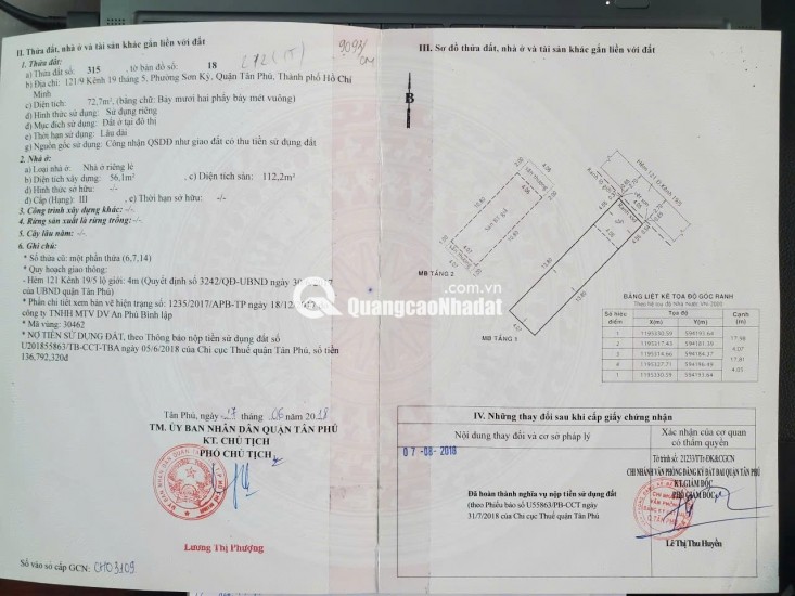 BÁN NHÀ SƠN KỲ, TÂN PHÚ: DT 72,7 M2 (1T1L) SẴN SỔ HỒNG, CHỈ 6.7 TỶ TL. LH:0932688139