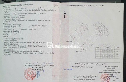 BÁN NHÀ SƠN KỲ, TÂN PHÚ: DT 72,7 M2 (1T1L) SẴN SỔ HỒNG, CHỈ 6.7 TỶ TL. LH:0932688139