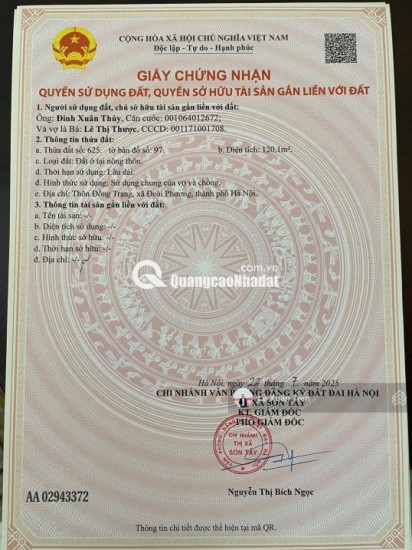 Lô đất 120.1m2 full thổ tại Đồng Trạng, Hòa Lạc mặt tiền 9,25m. Đường thông ôtô tránh. Chỉ 33tr/m2