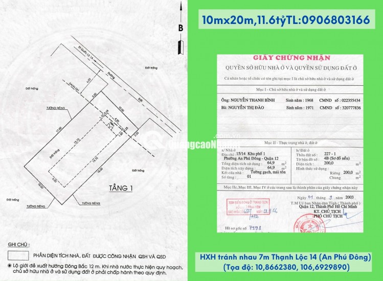 Bán đất chính chủ,10x20m,HXH tránh nhau 7m Thạnh Lộc 14-15(An Phú Đông)