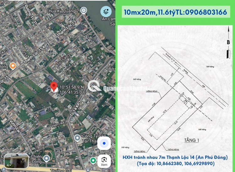 Bán đất chính chủ,10x20m,HXH tránh nhau 7m Thạnh Lộc 14-15(An Phú Đông)