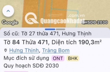 Bán đất tại Ấp An Bình, đường D20, xã Hưng Thịnh, Đồng Nai, giá ưu đãi 4,9 tỷ, 190m2 hot!