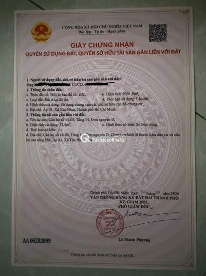 BÁN CHCC XÃ TÂN NHỰT– 85MV 2PN2VS – NỘI THẤT CƠ BẢN - SHR - CHỈ 3.1 TỶ. LH:0906645077.