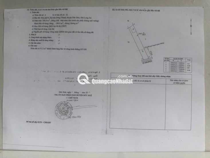 BÁN ĐẤT XÃ ĐỨC HUỆ - TÂY NINH MỚI. DT 10x80 SẴN SHR 4.5 TỶ. LH:0902414014
