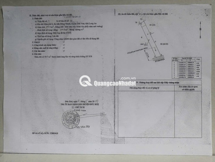 BÁN ĐẤT XÃ ĐỨC HUỆ - TÂY NINH MỚI. DT 10x80 SẴN SHR 4.5 TỶ. LH:0902414014