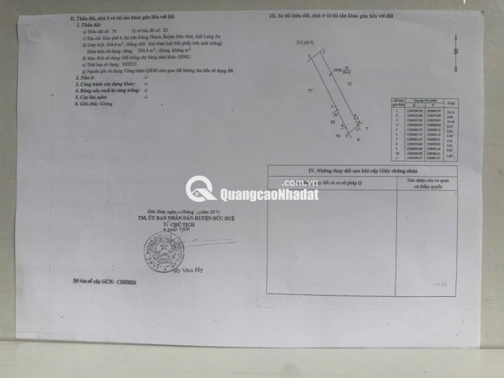 BÁN ĐẤT XÃ ĐỨC HUỆ - TÂY NINH MỚI. DT 10x80 SẴN SHR 4.5 TỶ. LH:0902414014