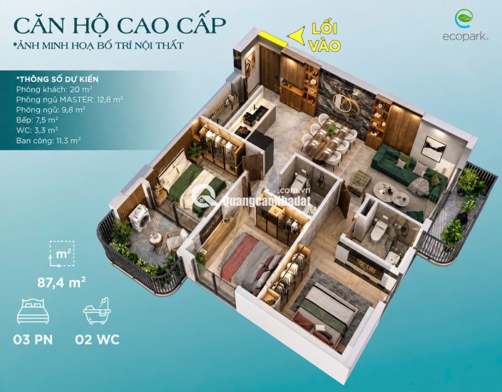  CĂN HỘ ECOPALACE BMT – ECO-3015 | căn góc 3PN | 85,3M² | 2 BAN CÔNG | 2 VIEW