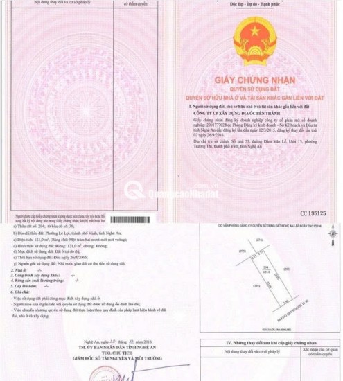 BÁN ĐẤT PHƯỜNG LÊ LỢI, TP.VINH - DT 121M2 VÀ 364M2 – SHR - GIÁ CHỈ TỪ 55TR/M2. LH:0903464999.