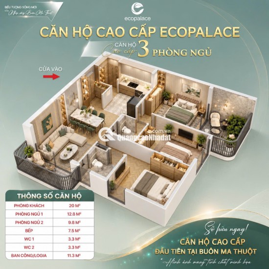  CĂN HỘ ECOPALACE BMT – ECO-3015 | căn góc 3PN | 85,3M² | 2 BAN CÔNG | 2 VIEW