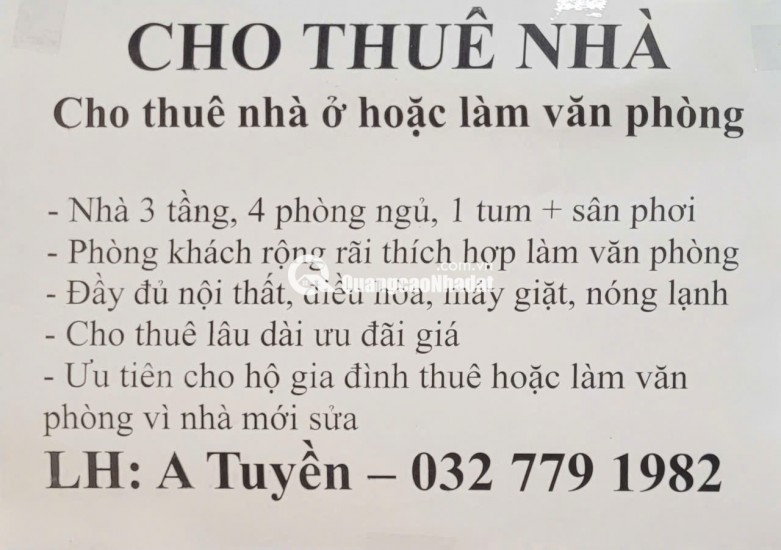 CHO THUÊ NHÀ NGUYÊN CĂN MỚI SỬA – PHÙ HỢP Ở HỘ GIA ĐÌNH HOẶC LÀM VĂN PHÒNG
